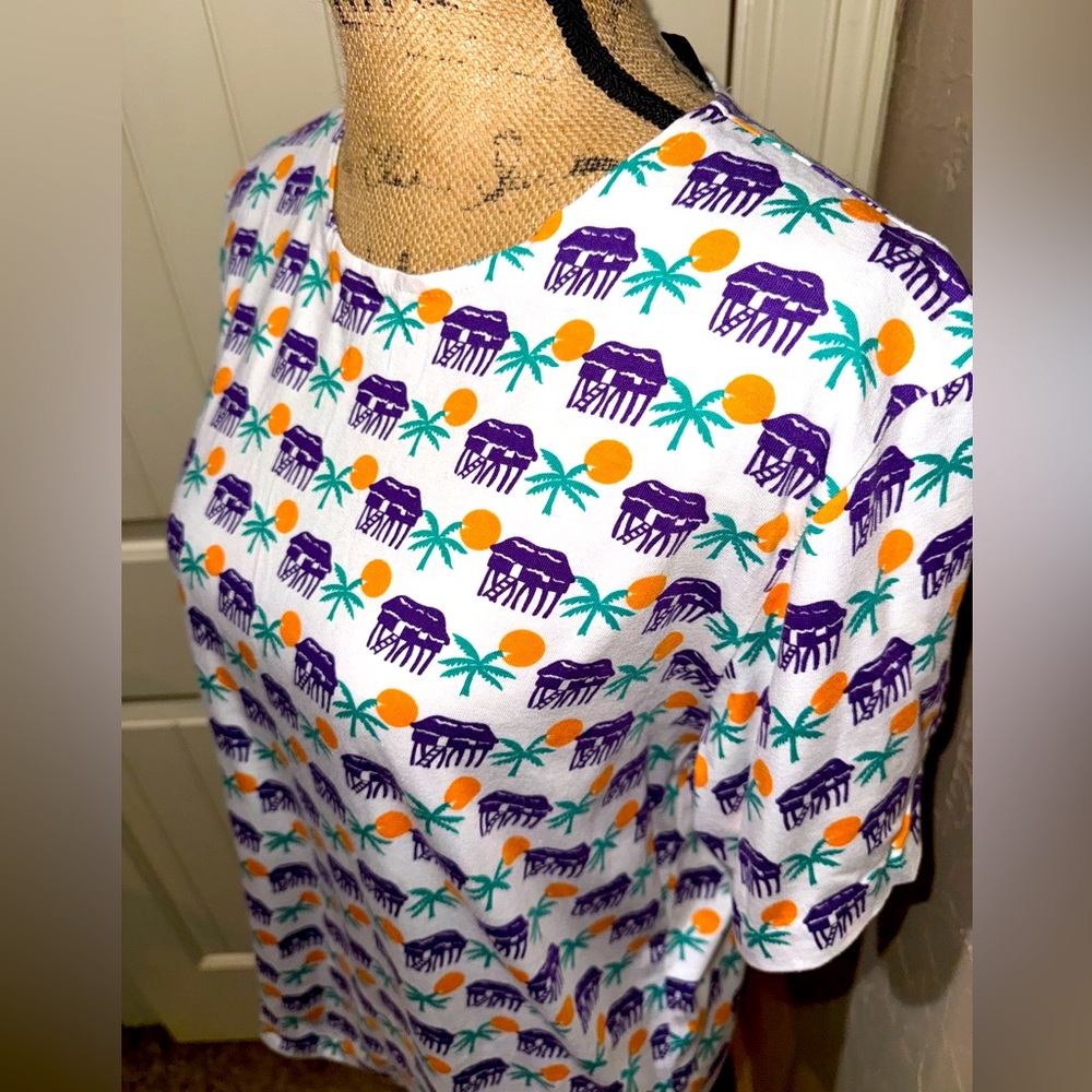 VTG ALL OVER GRAPHIC PRINT J CREW LADIES LG T-SHIRT BEACH BUNGALOW SCENE TOP